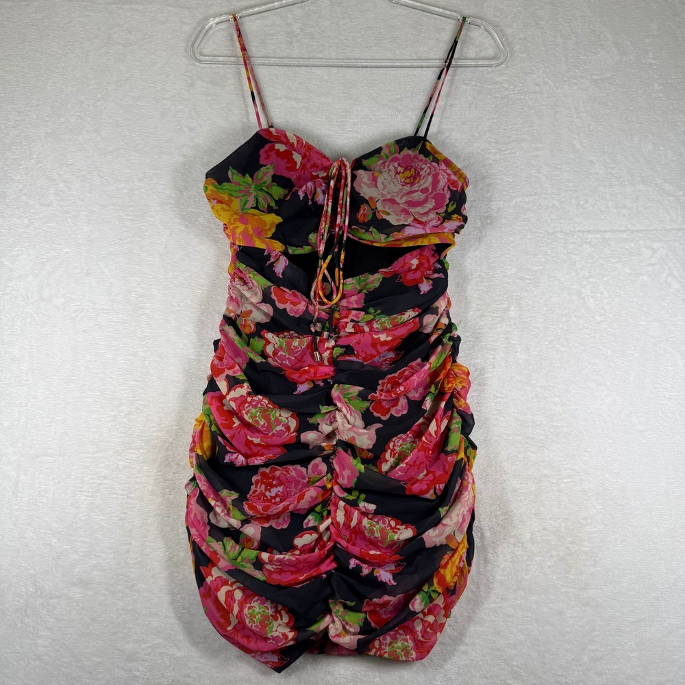 Runaway the Label Floral Ruched Cut Out Mini Dress Black Pink US 4 S